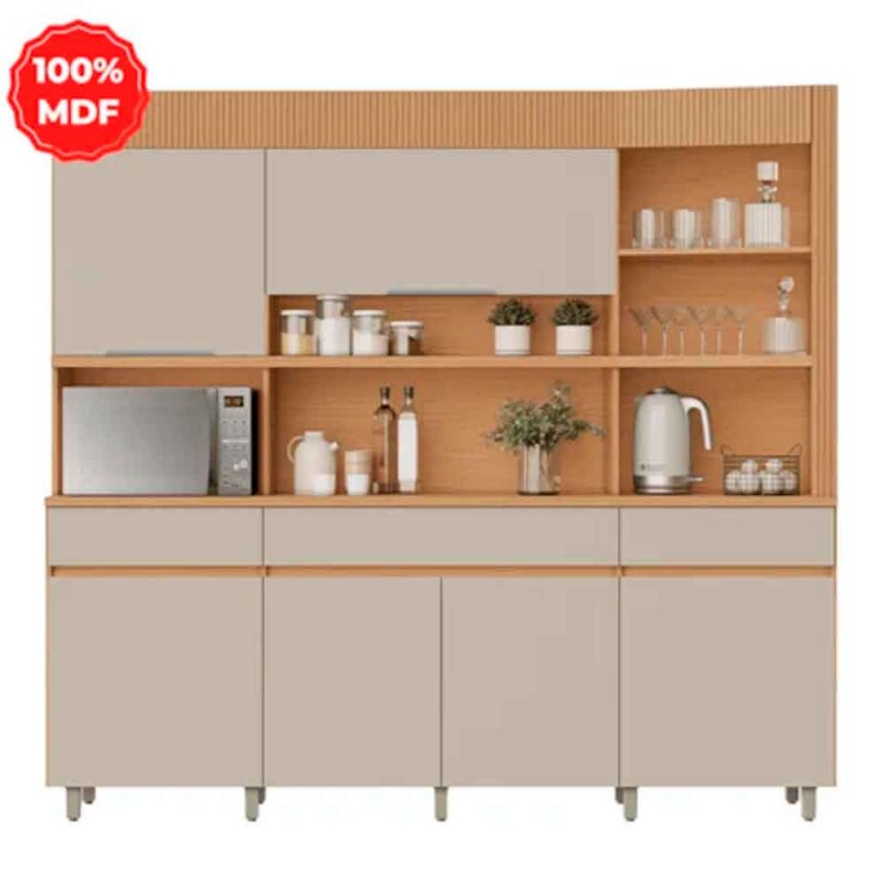 KIT COZINHA 6 PORTAS 3 GAVETAS 220CM 100% MDF REALEZA CARVALHO-GREIGE NESHER KIT COZINHA 6 PORTAS 3 GAVETAS 220CM 100% MDF REALEZA CARVALHO-GREIGE NESHER